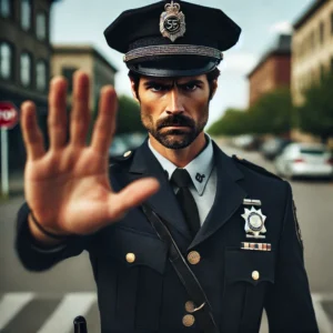 Picture of an angry police officer holding up his hand