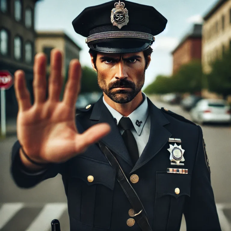 Picture of an angry police officer holding up his hand